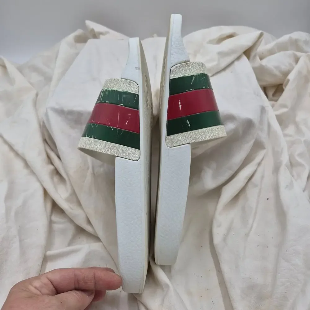 GUCCI Pursuit Stripes White Pool Slides 27 Gucci Web Mens Size US 8